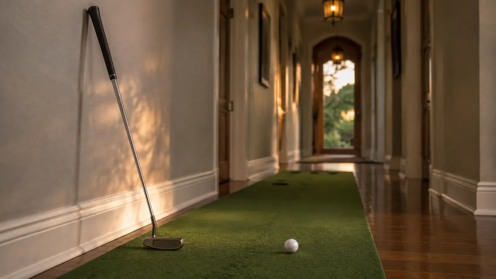 A putter leaning upright against a wall in a hallway, a white golf ball resting on the green putting mat in front of it