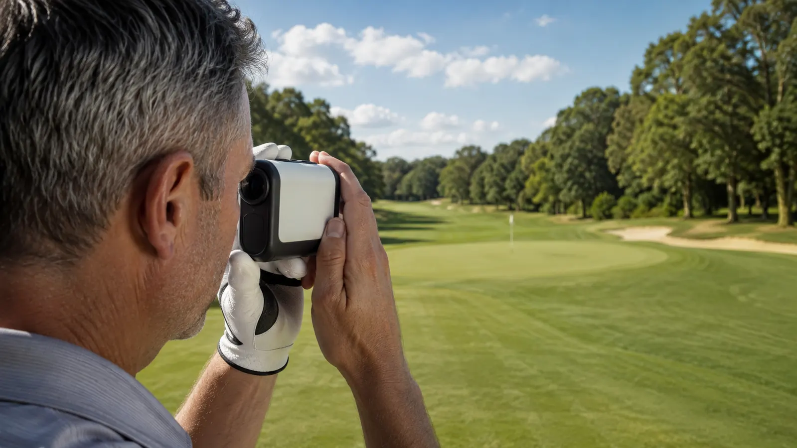 A hand raising the laser rangefinder toward a flag against a bright sky, golf glove on the shooting hand