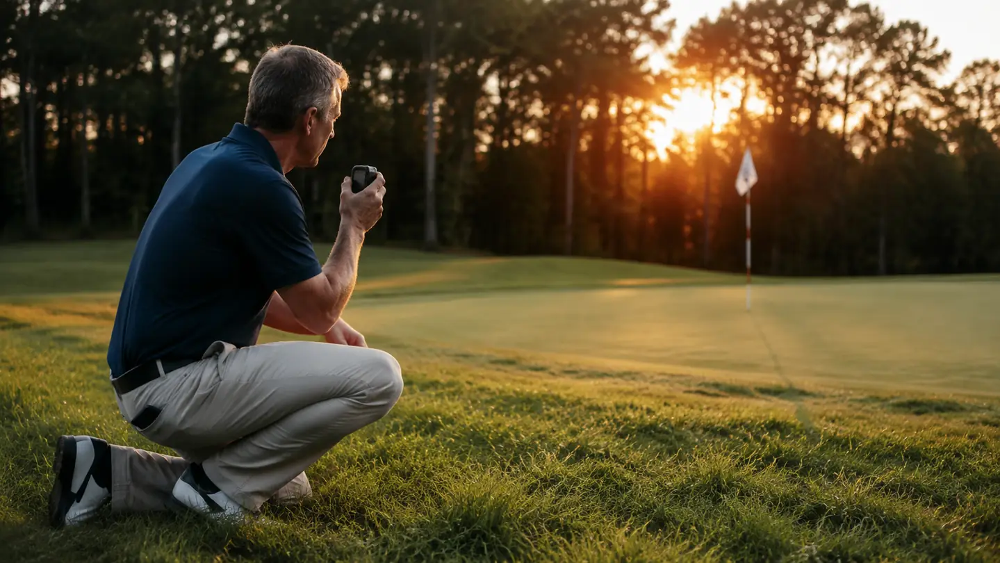 A golfer kneeling in light rough beside a green, laser rangefinder lowered in one hand as the sun drops behind a treeline