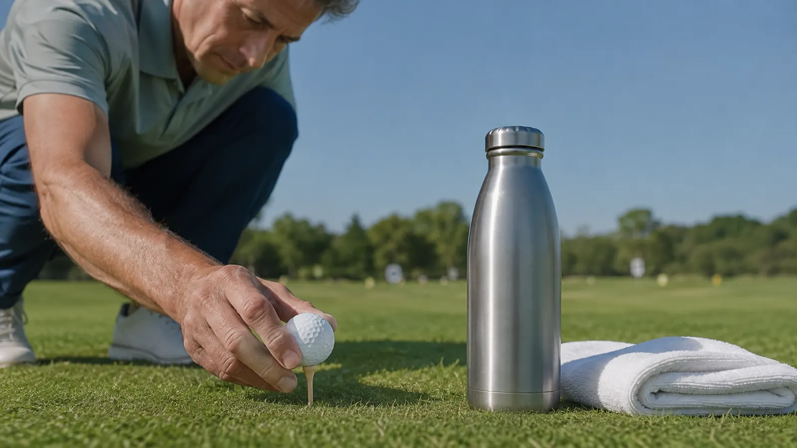 A golfer's hand placing a golf ball on a tee at the driving range, a stainless water bottle and folded towel nearby on the grass