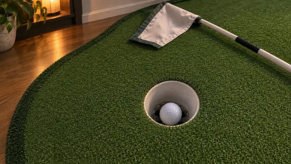 A golf ball resting in the cup on a home putting green with a flagstick leaning in the background