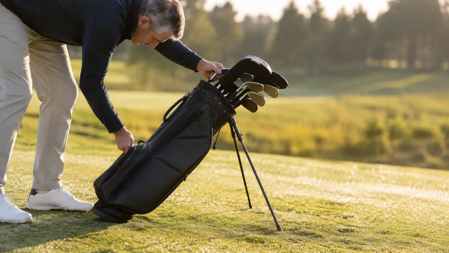 Hands setting the stand bag down on a tee box with its stand legs deployed