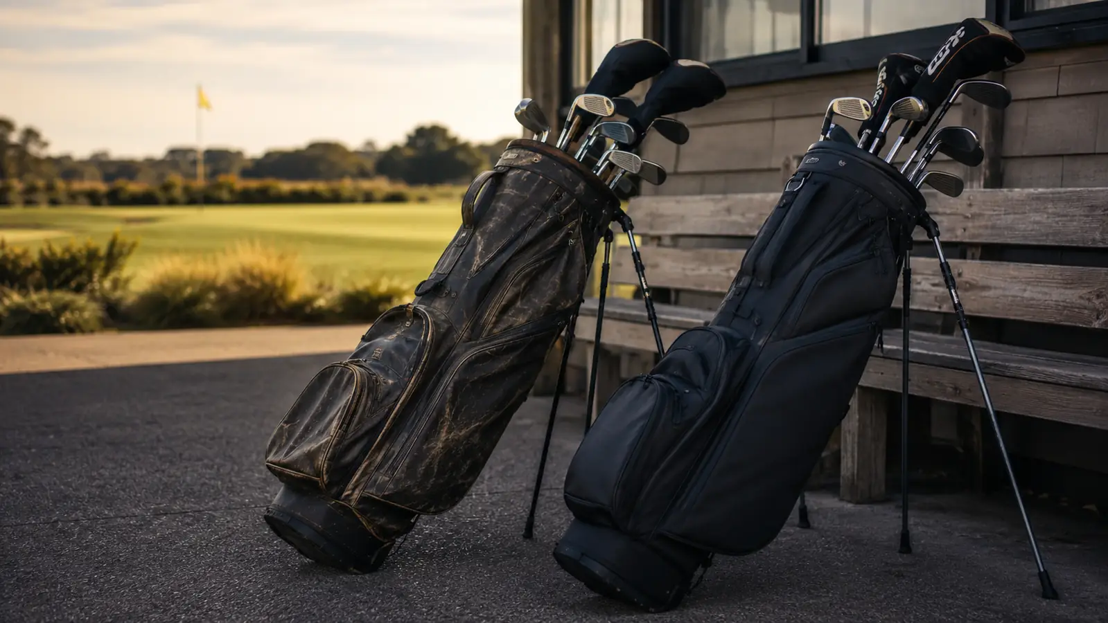 Two stand bags leaning side by side against a wooden clubhouse bench, one worn and one newer