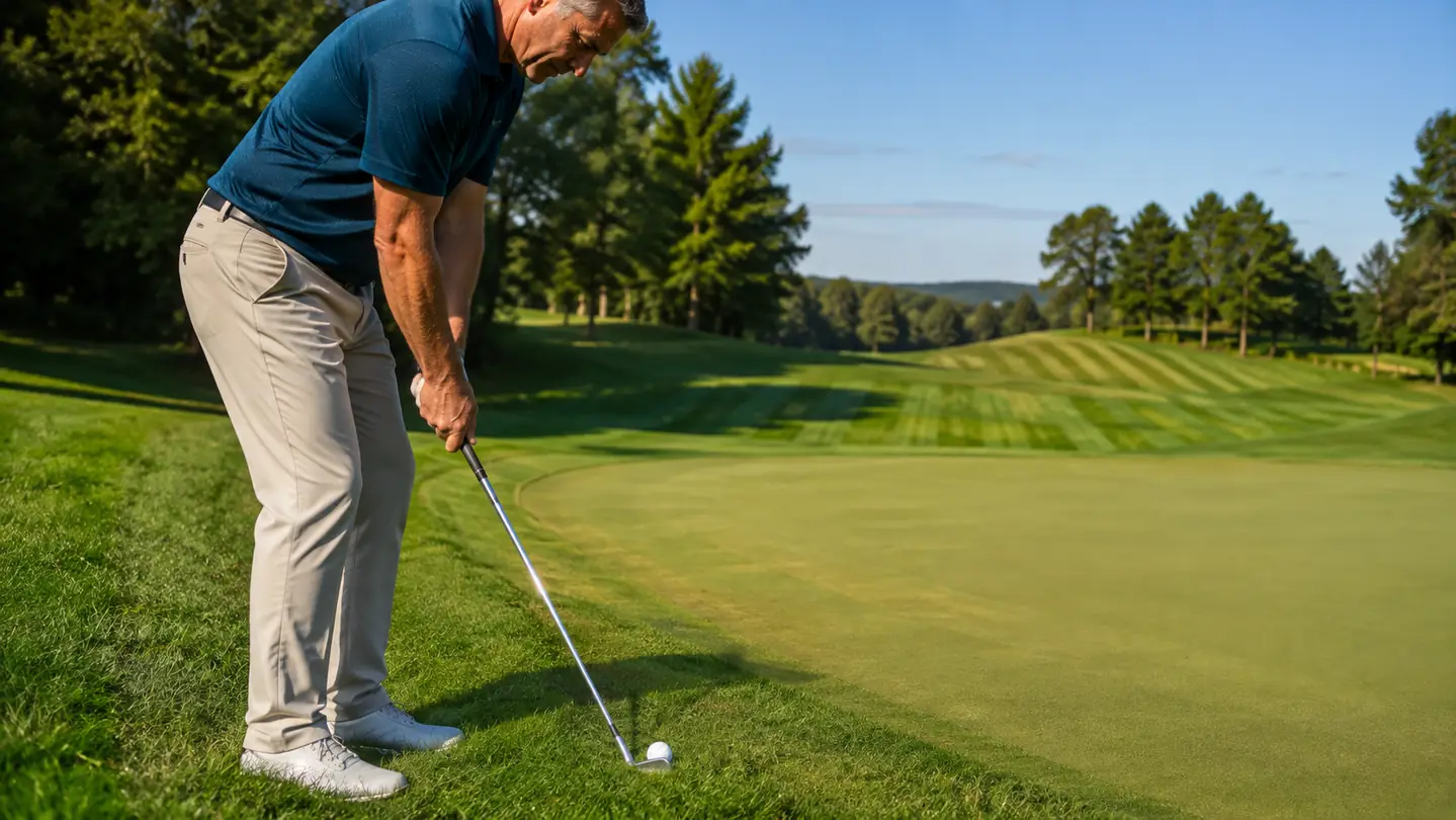 A golfer's hands at address holding a wedge over a downhill chip from short rough