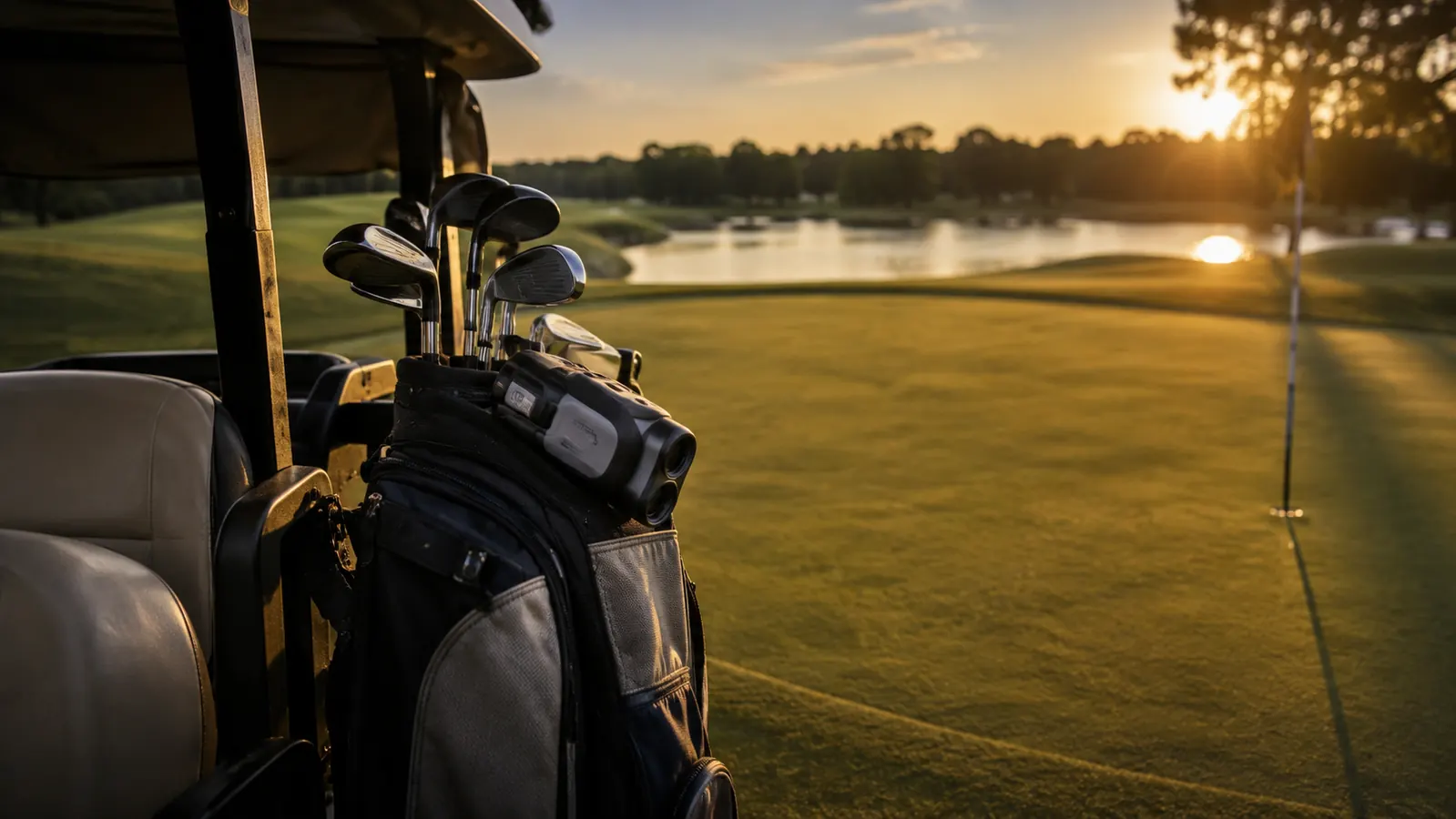 Golf cart parked at the edge of a green at dusk, a rangefinder leaning against a golf bag, long evening shadows.