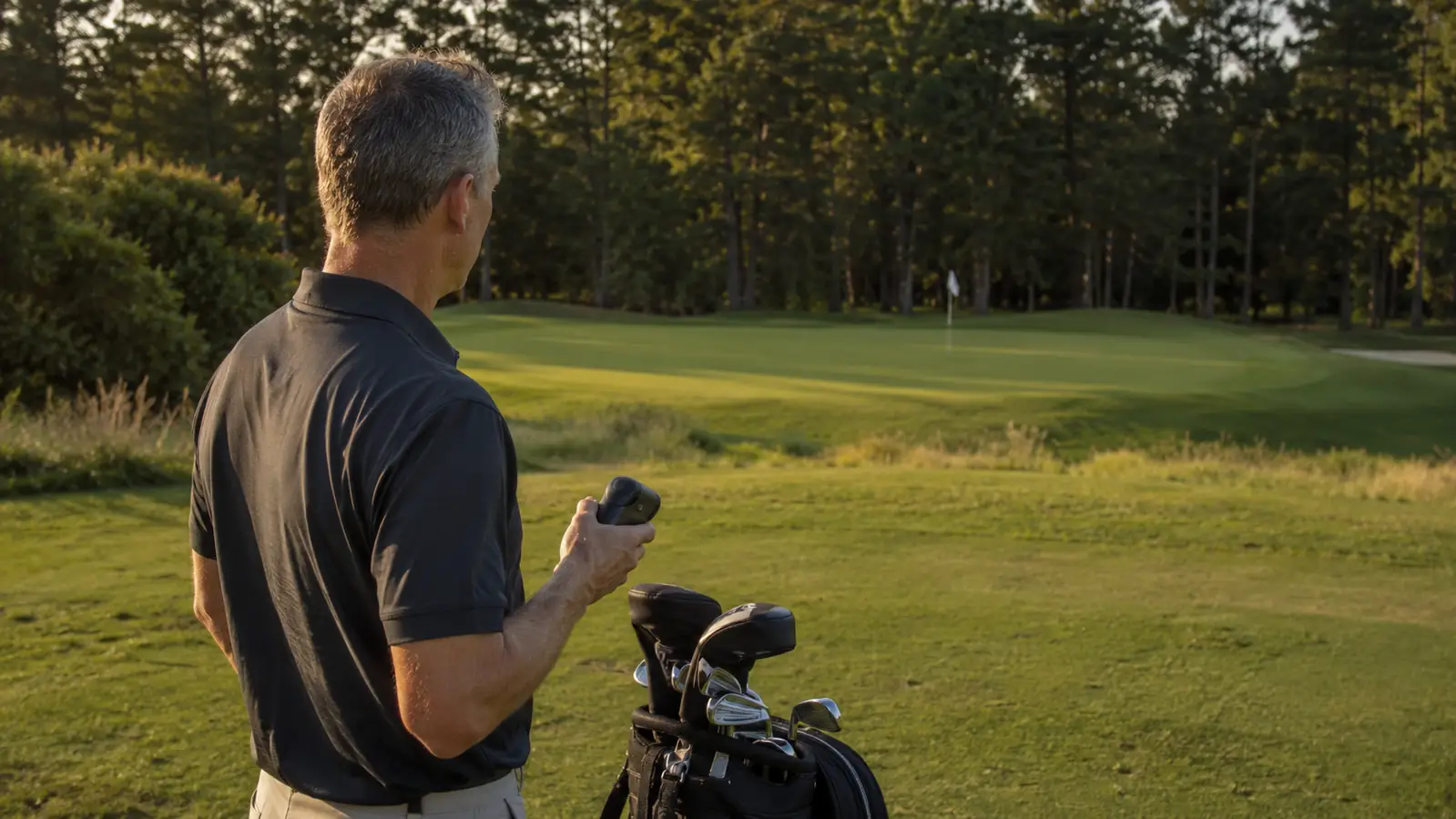 A golfer on a par-3 tee taking a rangefinder from his bag, the flag visible on the green in the distance