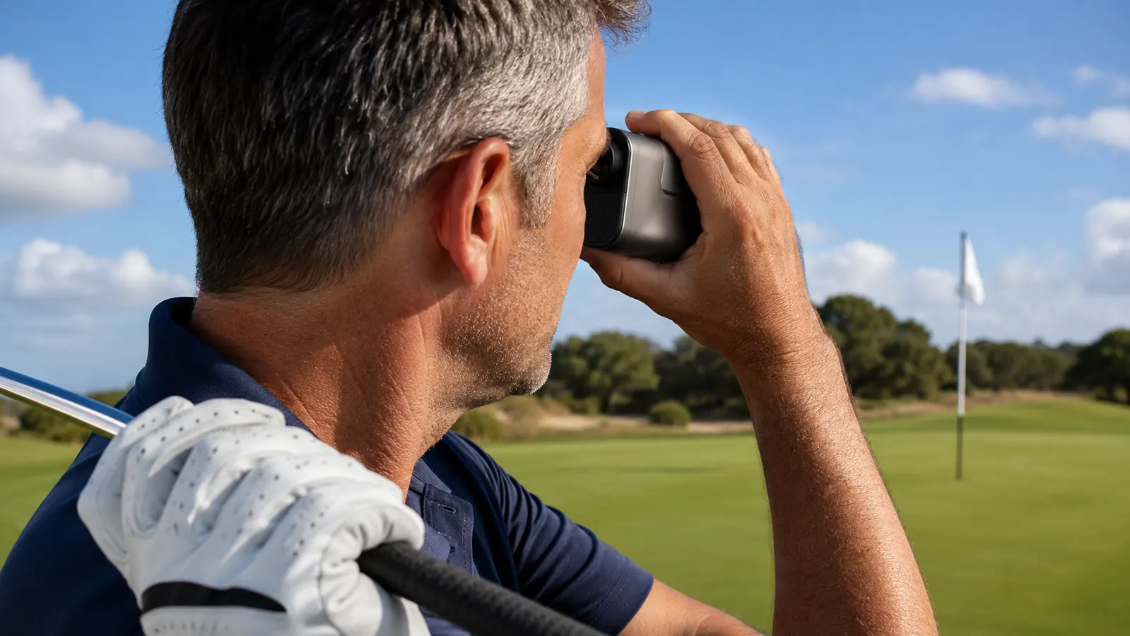Close view of a golfer's hand raising the laser rangefinder toward a flag against a bright sky