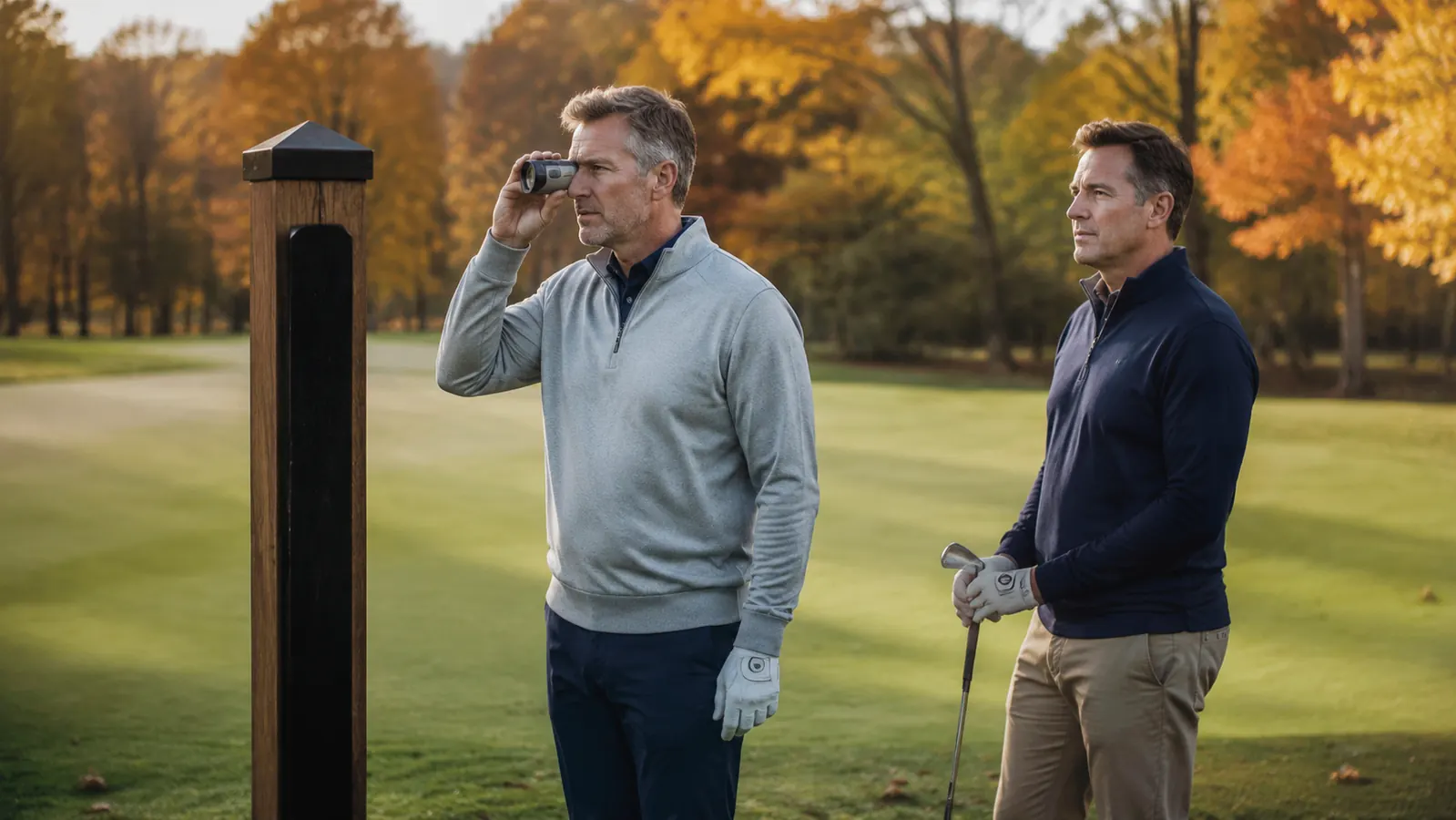 Two golfers standing beside a yardage marker on an autumn fairway, one checking the range before choosing a club
