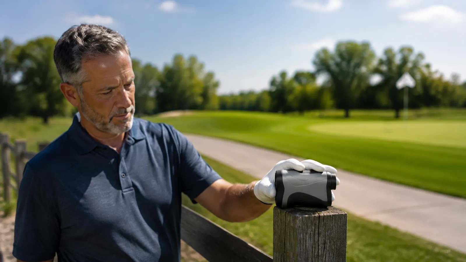 Gloved hand steadying a compact laser rangefinder against a wooden fence post while it reads the pin