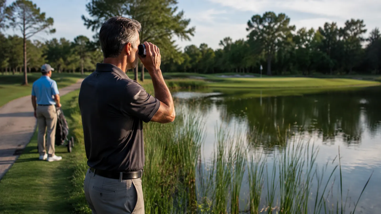 Golfer at the edge of a lake on a par three, rangefinder raised as he decides whether to carry the water