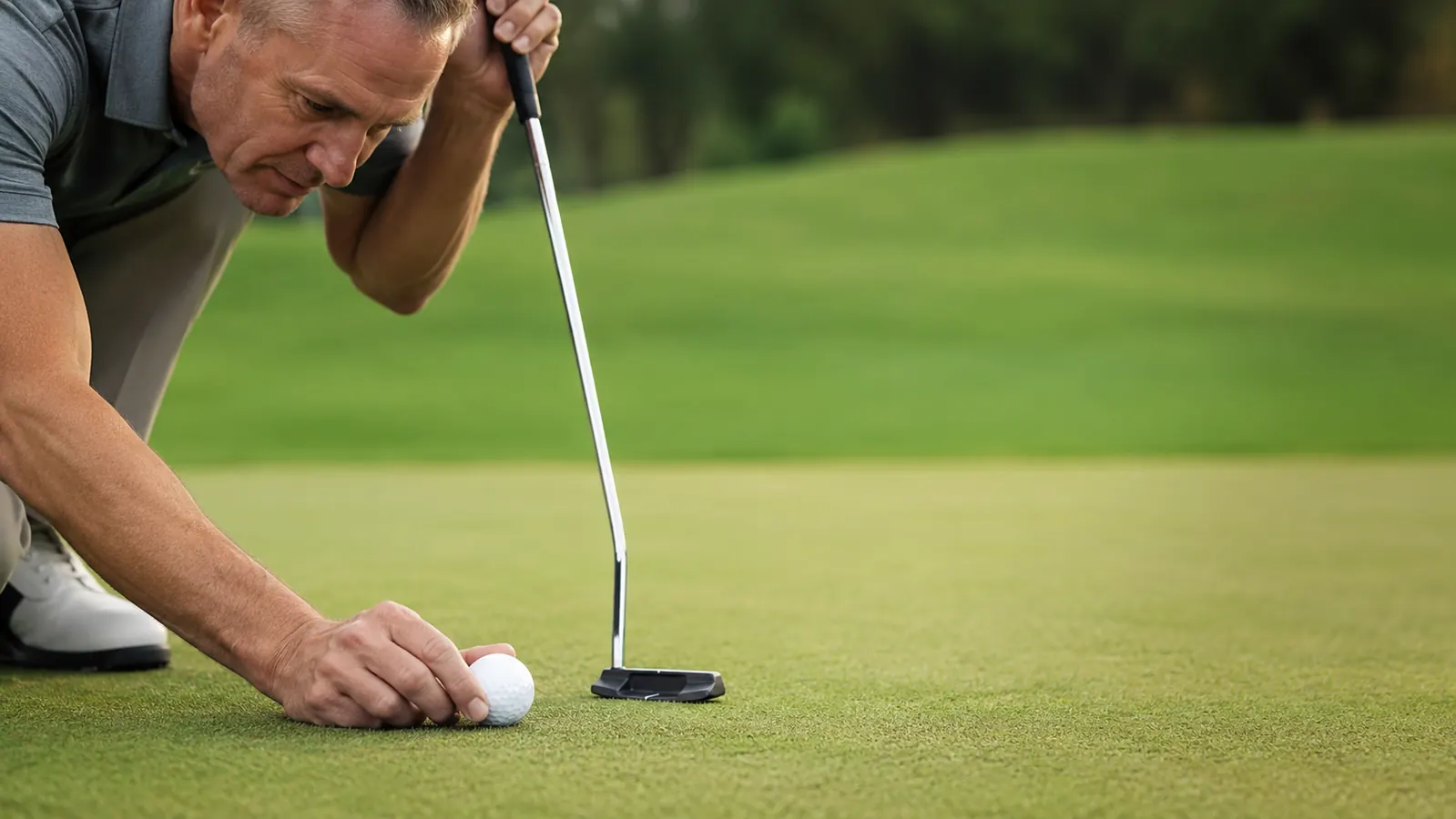 A golfer's hand lining up a golf ball on the green with a putter head hovering just behind it