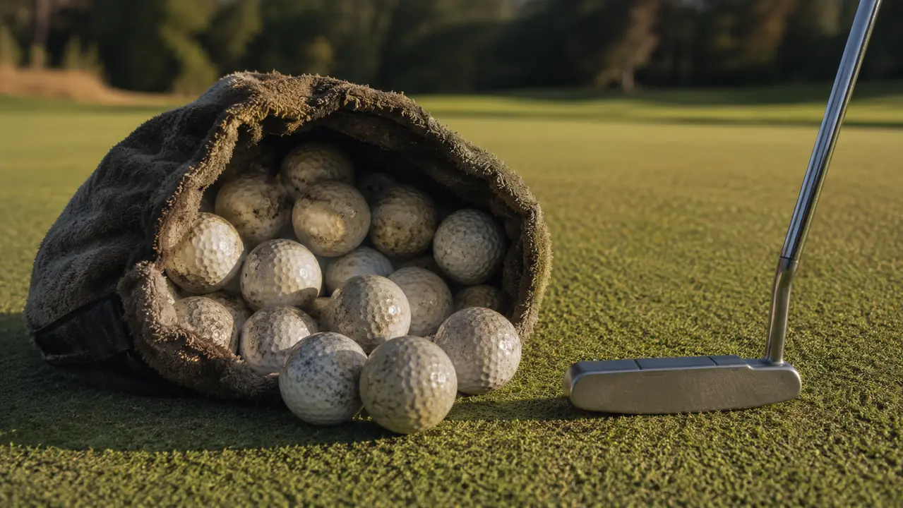 A shag bag of used golf balls with scuffs and worn marks next to a putter on a practice green