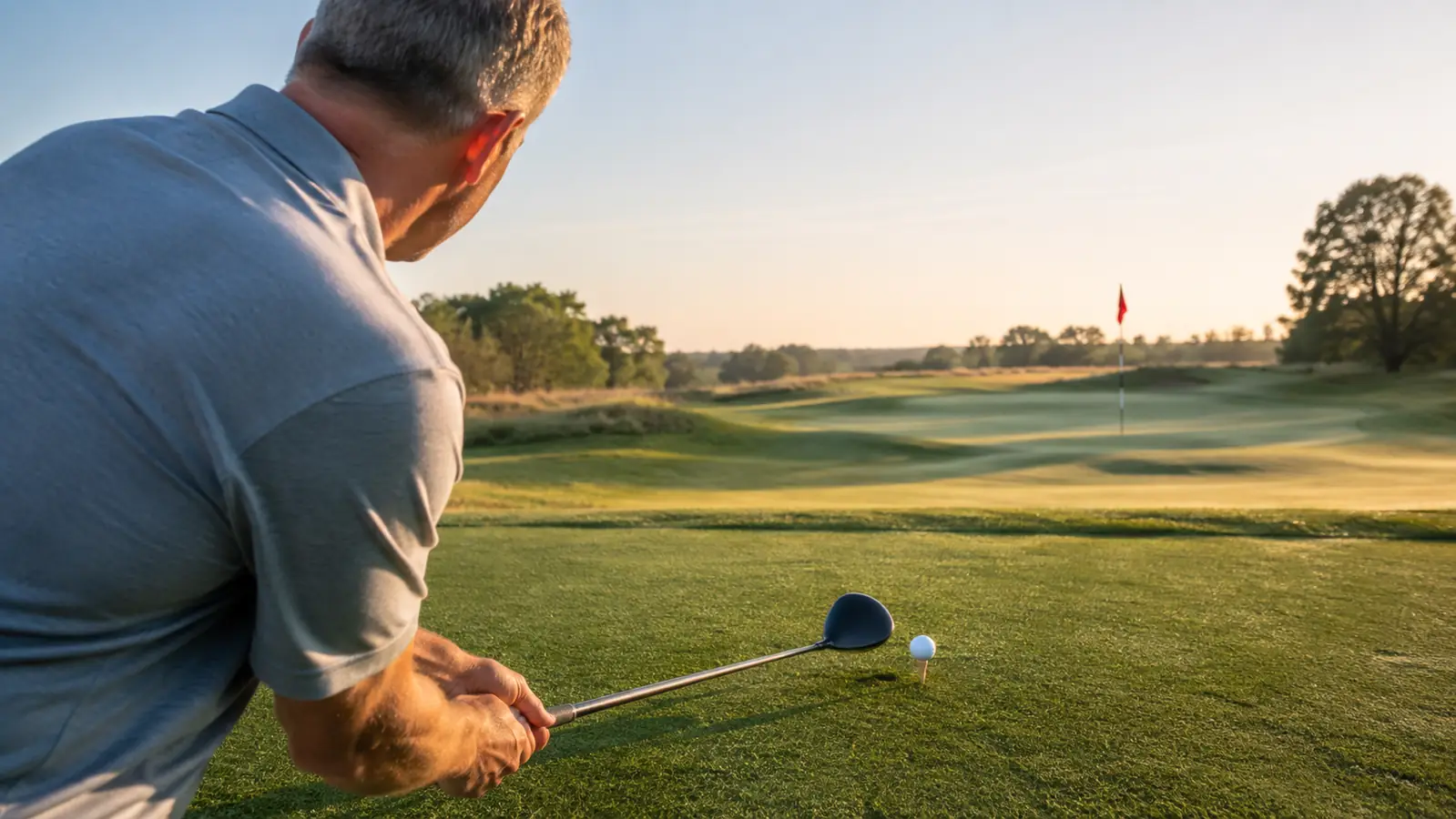 A golf ball sitting on a wooden tee at address, viewed from behind the golfer toward the flag
