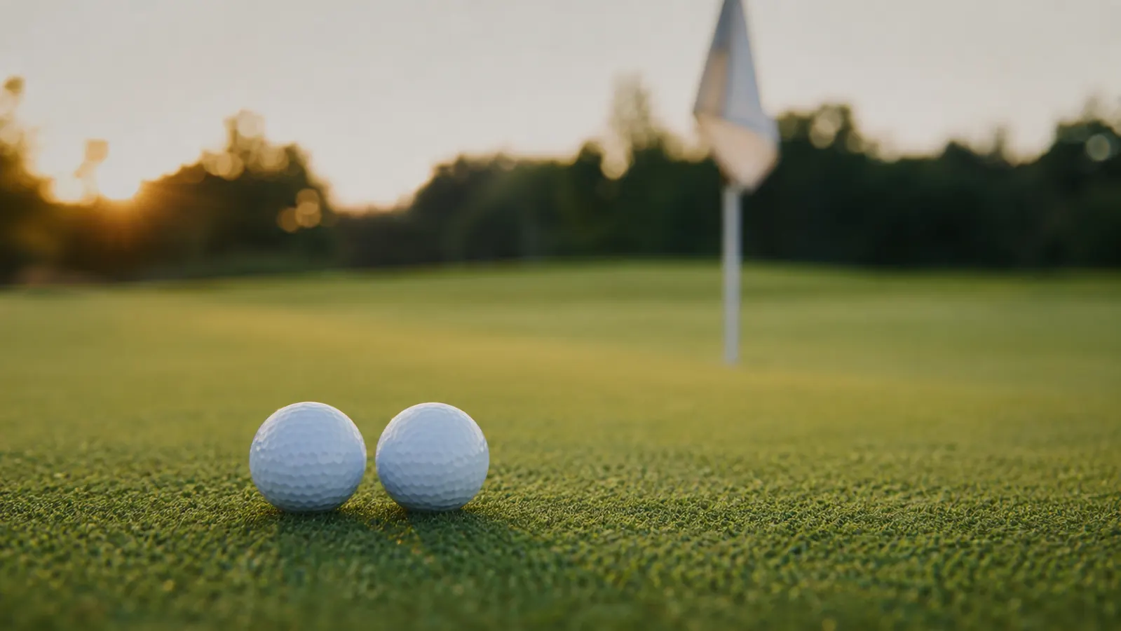 Two golf balls sitting side by side on a putting green in front of a hole flag, one slightly rolled forward