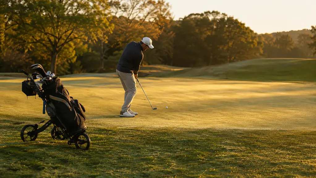 A fairway at golden hour with a stand bag and rangefinder resting at the edge of the green
