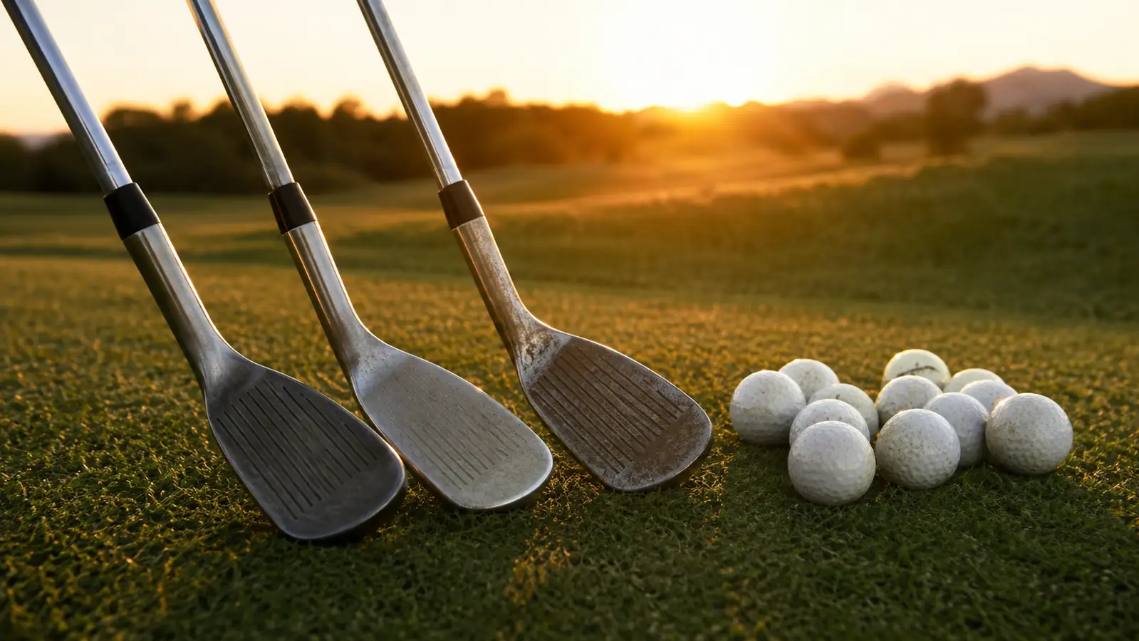 A wedge set and a few practice balls laid on a patch of short range grass at golden hour, clubheads up