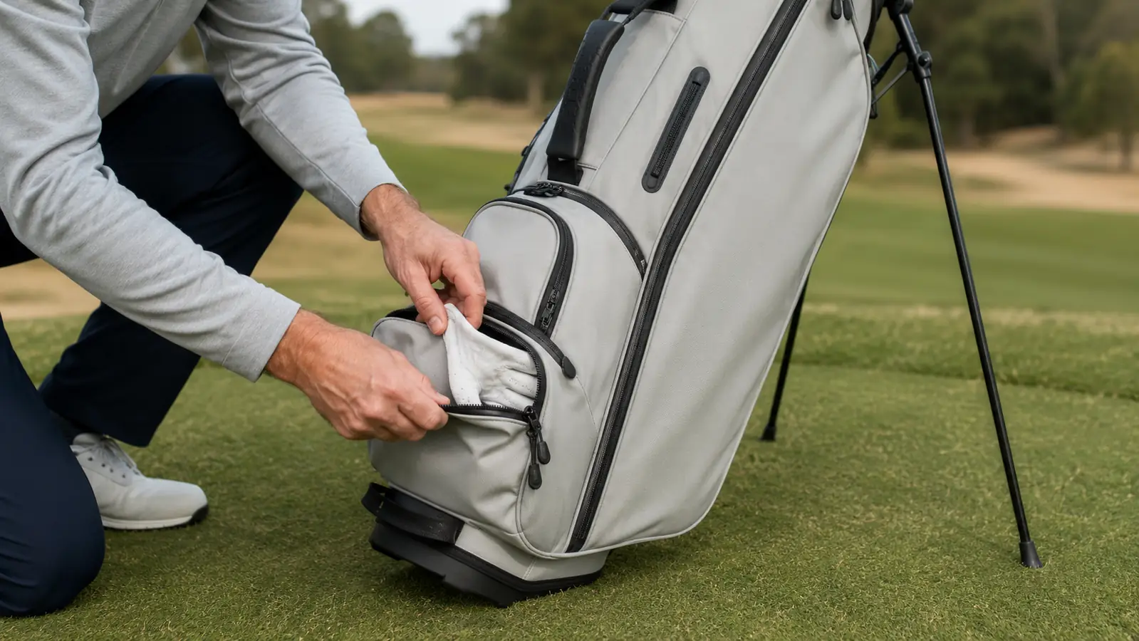 A golfers hands checking the zipper of a lower side pocket on a lightweight stand bag after tucking in an extra glove