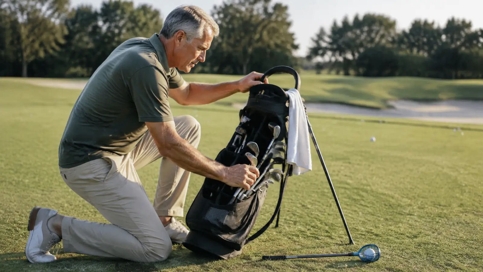 Clubs arranged in a divided open stand bag on a putting green, heavier clubs in the back slots near the stand