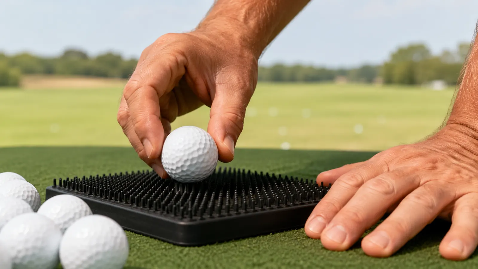 A hand dropping a golf ball onto a rubber tee mat on a practice range with several balls clustered nearby