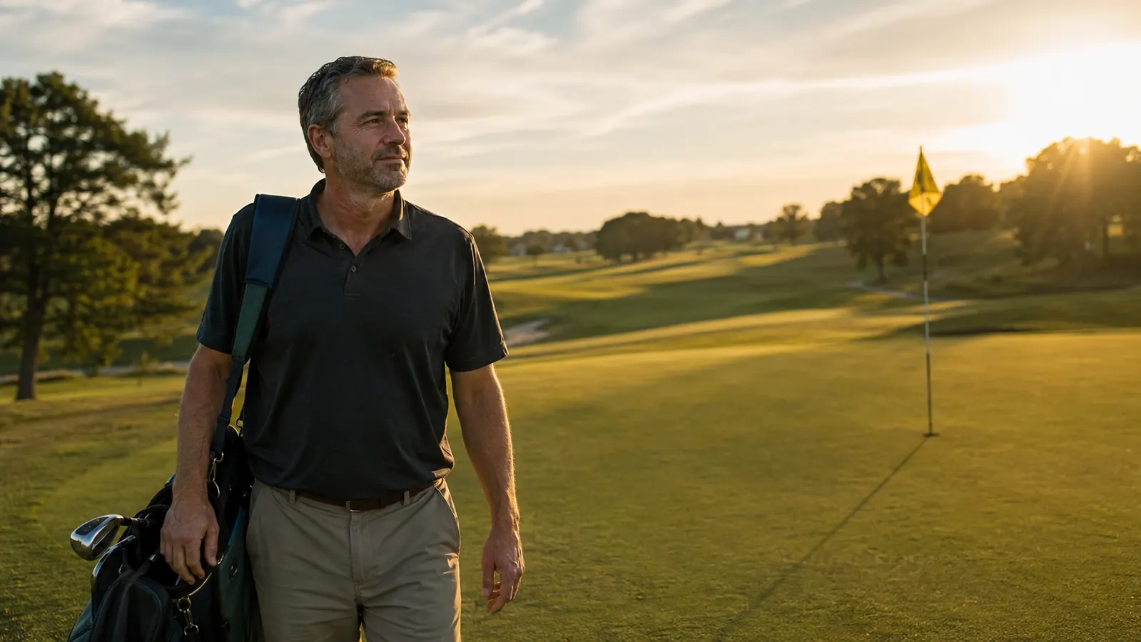 A golfer walking off the 18th green at golden hour, golf bag over his shoulder, the flag left in on a quiet empty course