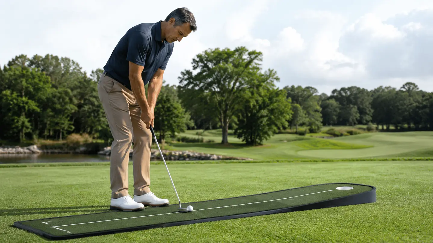Close-up of a putter striking a ball on the practice mat on a hardwood floor, the ball running toward the cup at the far end
