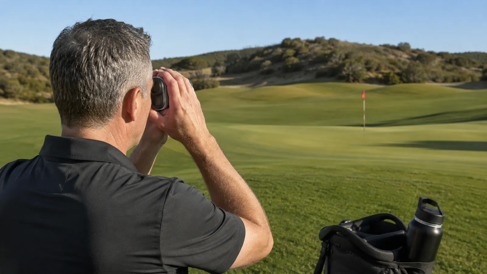 Hands steadying a laser rangefinder aimed at a distant flag, golf bag beside the golfer