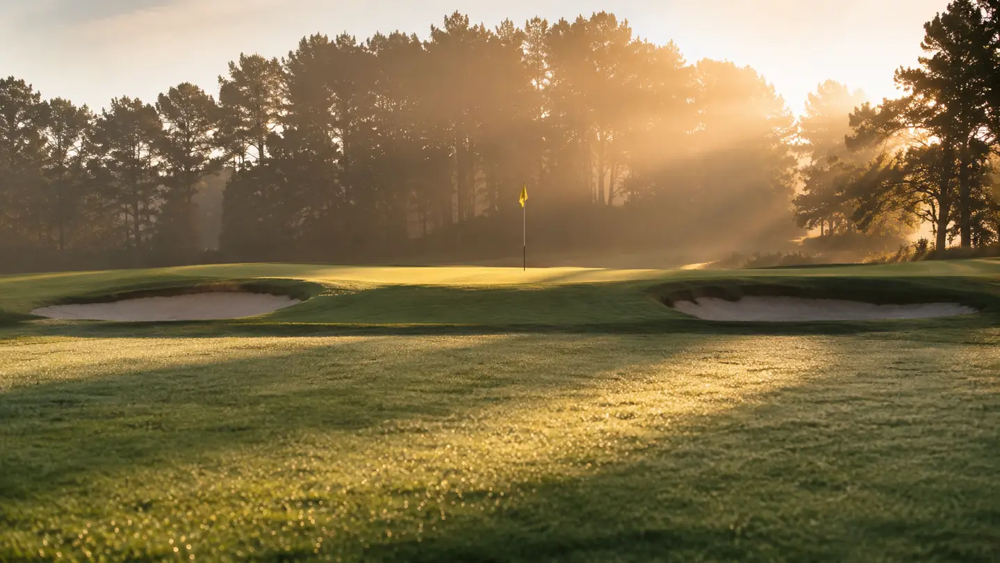 A green with two bunkers guarding the front and a flag in soft morning light