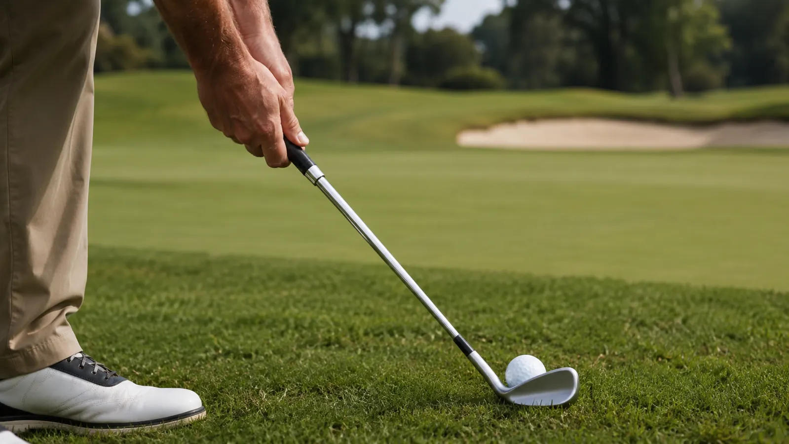 A golfer's hands lining up a pitching shot over a ball on a practice apron, the Ram Pro Spin wedge mid-setup