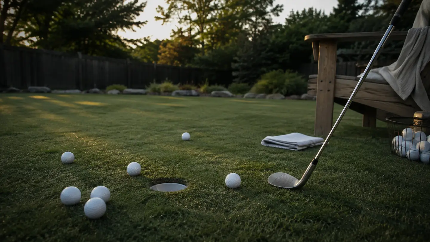 A backyard practice station with a few range balls clustered around a target cup cut in the lawn, evening light