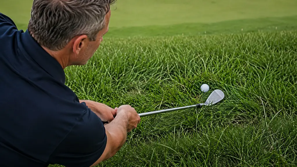 A golfer's hands holding a wedge with a 56-degree sand wedge head resting on the turf just behind a ball in the rough