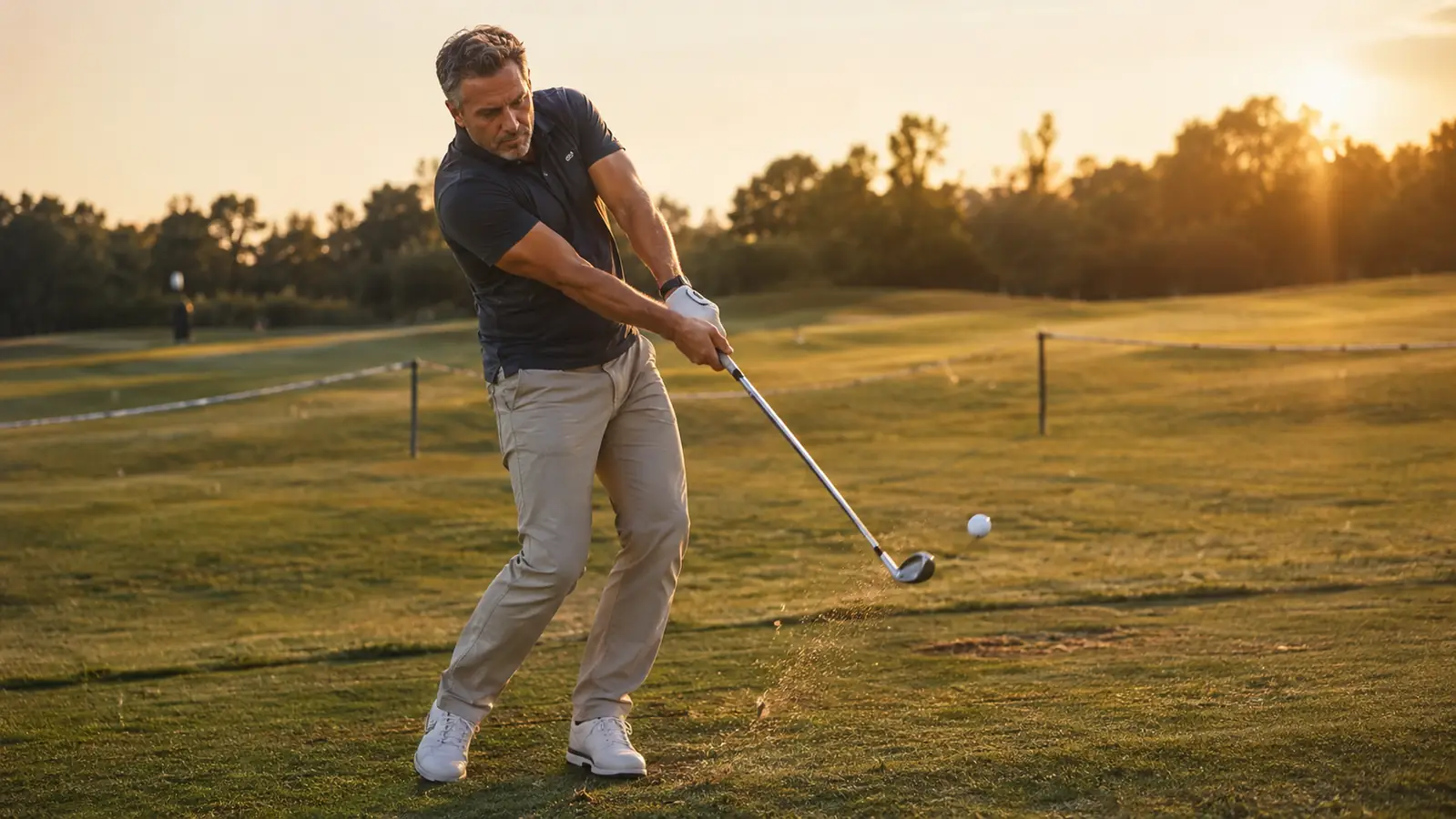 A golfer mid-full-swing with a wedge on an empty practice fairway, ball flight frozen in the frame