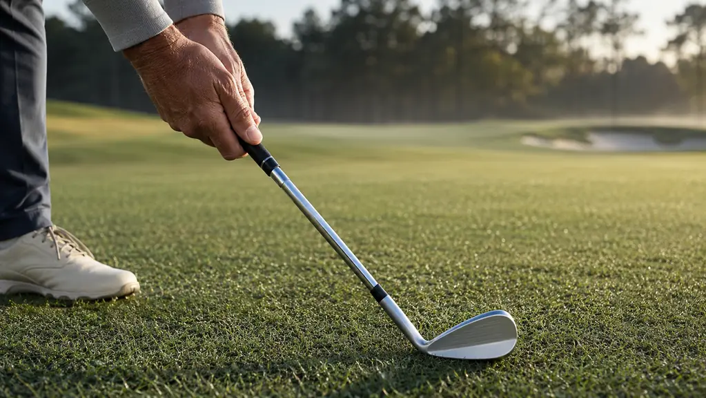 A close view of a golfer's hand gripping a wedge at address over a clean fairway lie short of the green.