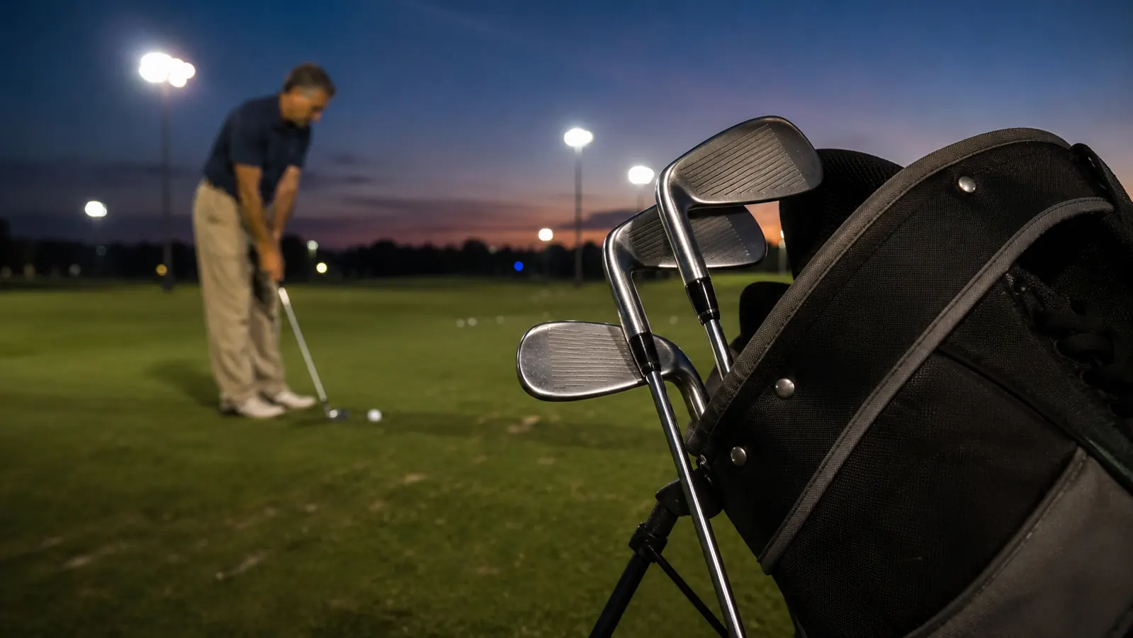 Three wedges of different lofts leaning against a golf stand bag on a practice range at dusk, a lone golfer pitching in the floodlight glow.