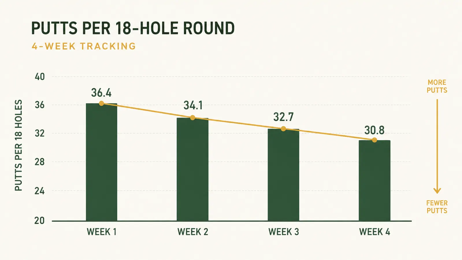 A set of four printed putts-per-round bars over four weeks, showing a gradual one-putt improvement and fewer three-putts