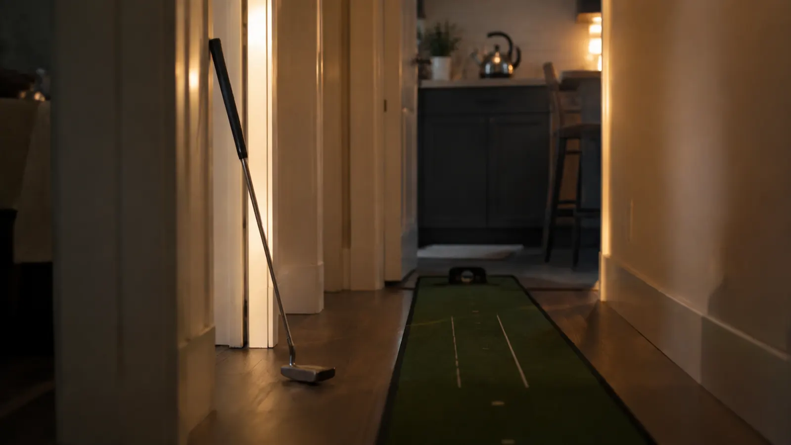 An evening home putting setup with a putter leaning against a doorframe and a kettle on a nearby counter
