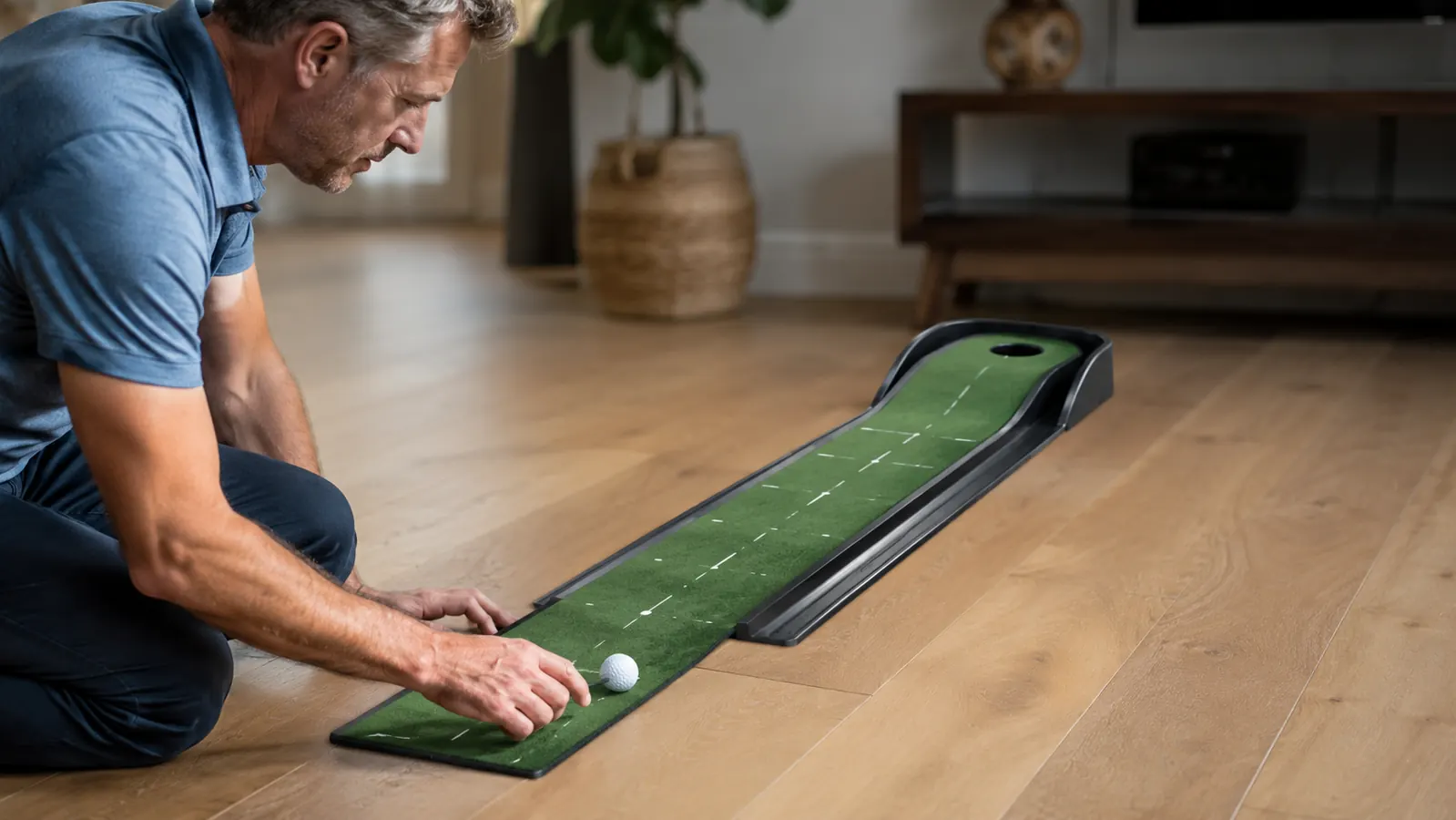 A hand rolling a golf ball along the SKLZ putting mat toward the cup at the far end