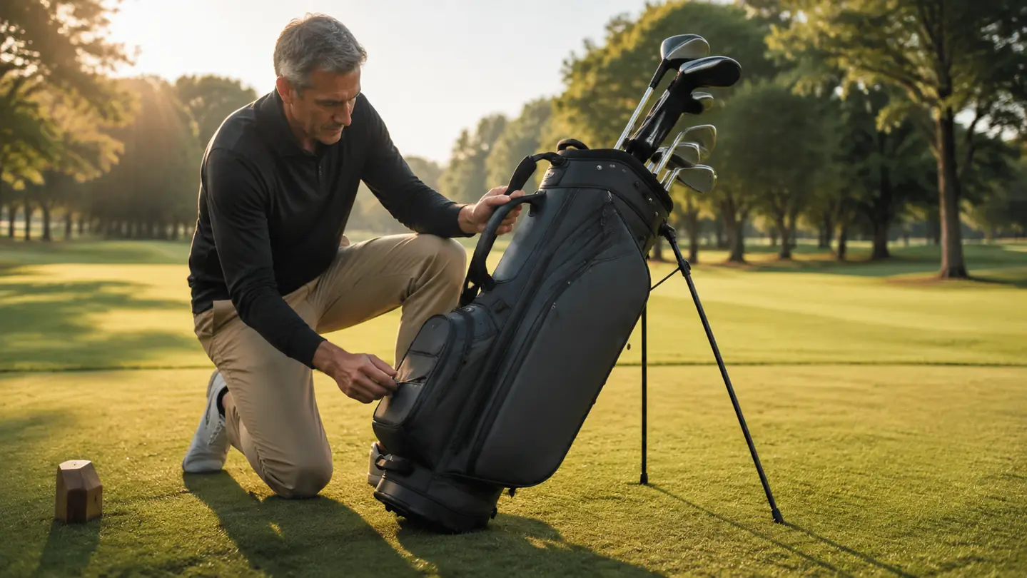 The TaylorMade Pro stand bag standing upright on its deployed legs beside a golf tee box on a fairway