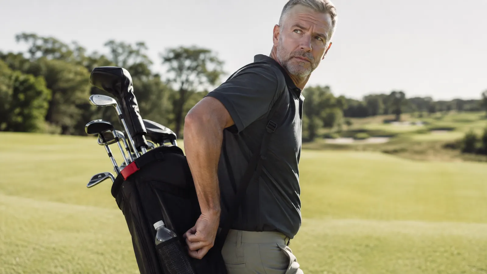 A golfer reaching into a large side pocket of a stand bag on his back to pull out a water bottle