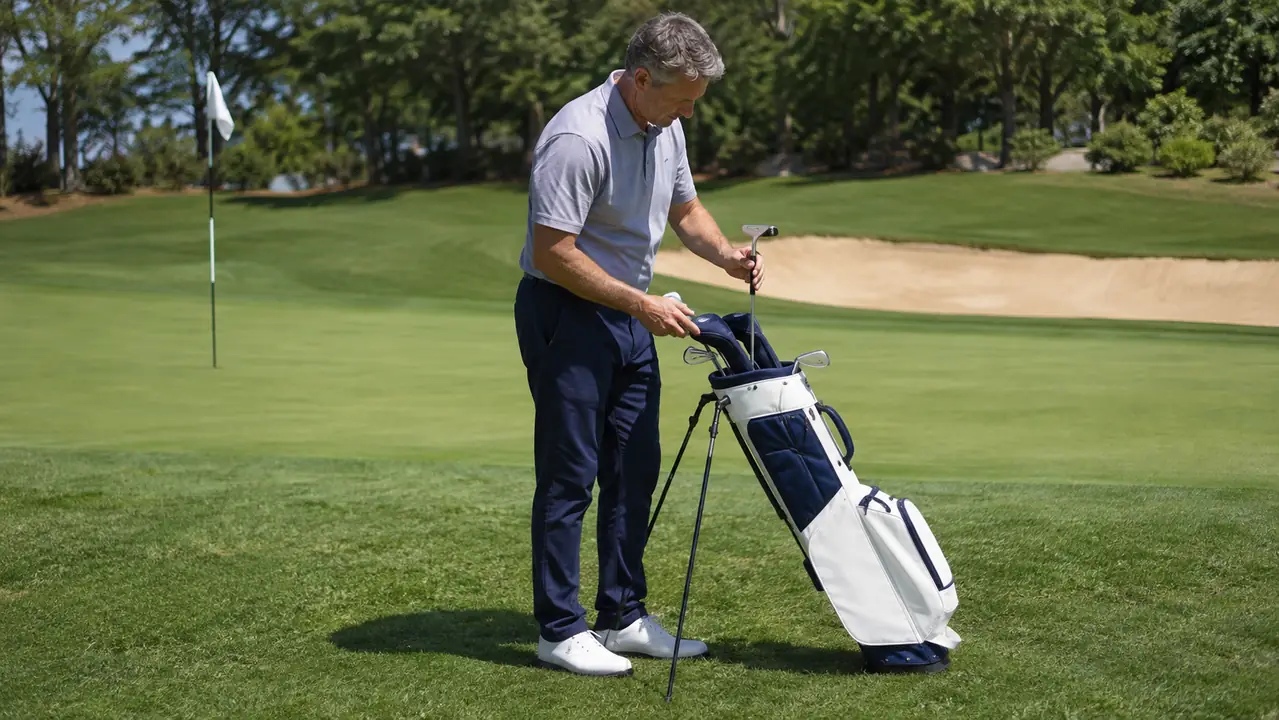 The TaylorMade Pro stand bag set upright on its legs beside a putting green while a golfer reaches into the top opening for a putter