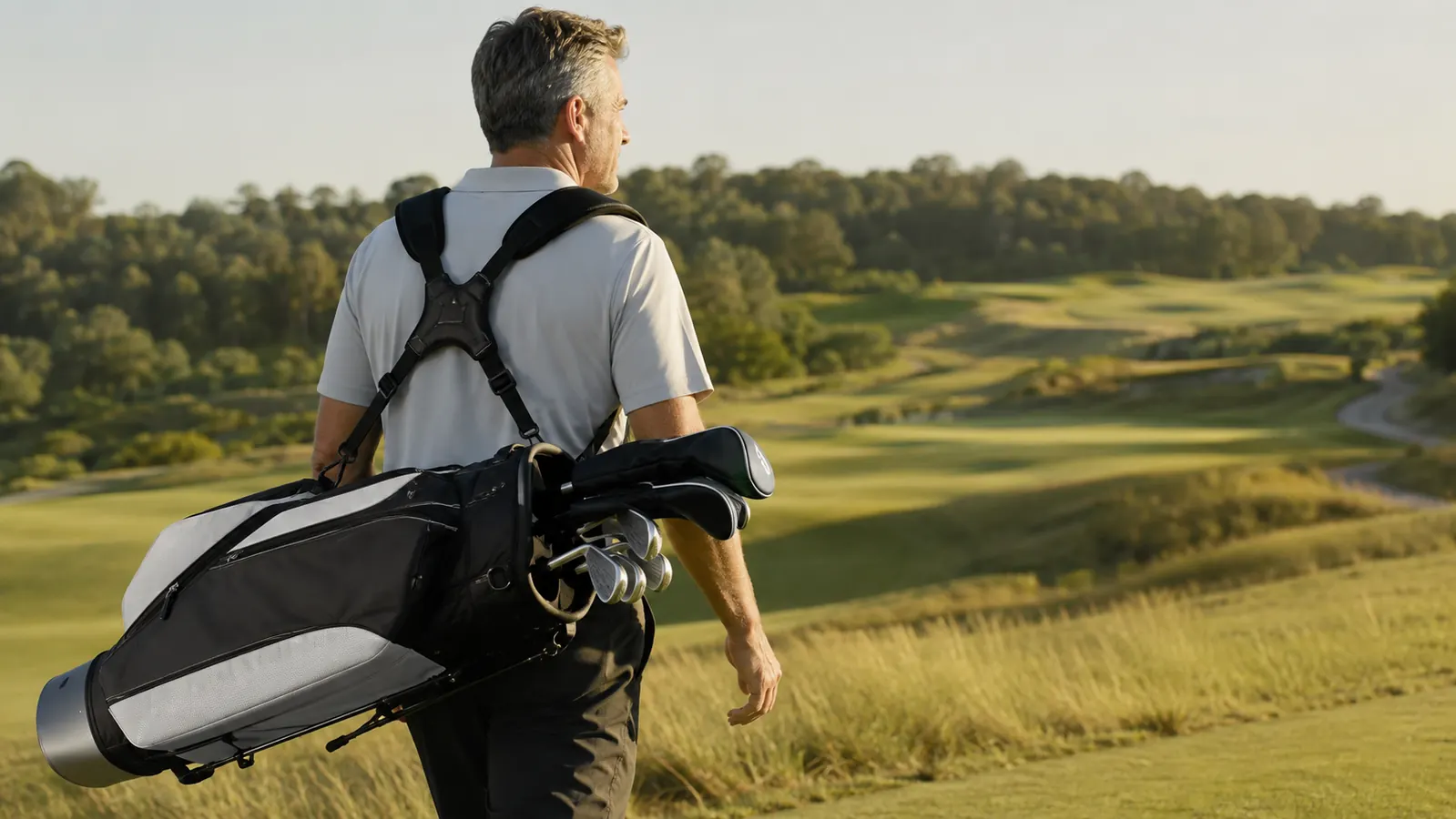 Middle-aged golfer wearing the stand bag on both shoulders as he walks a hilly fairway in late afternoon light