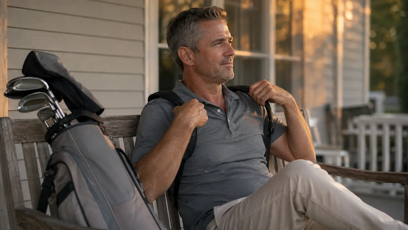 Golfer sitting on a porch bench at the end of a round with the stand bag on the bench beside him, golden evening light