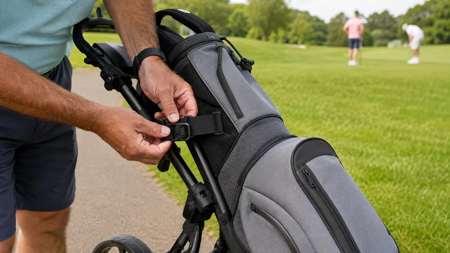Hands strapping a golf stand bag onto a push cart frame on the path near the first tee
