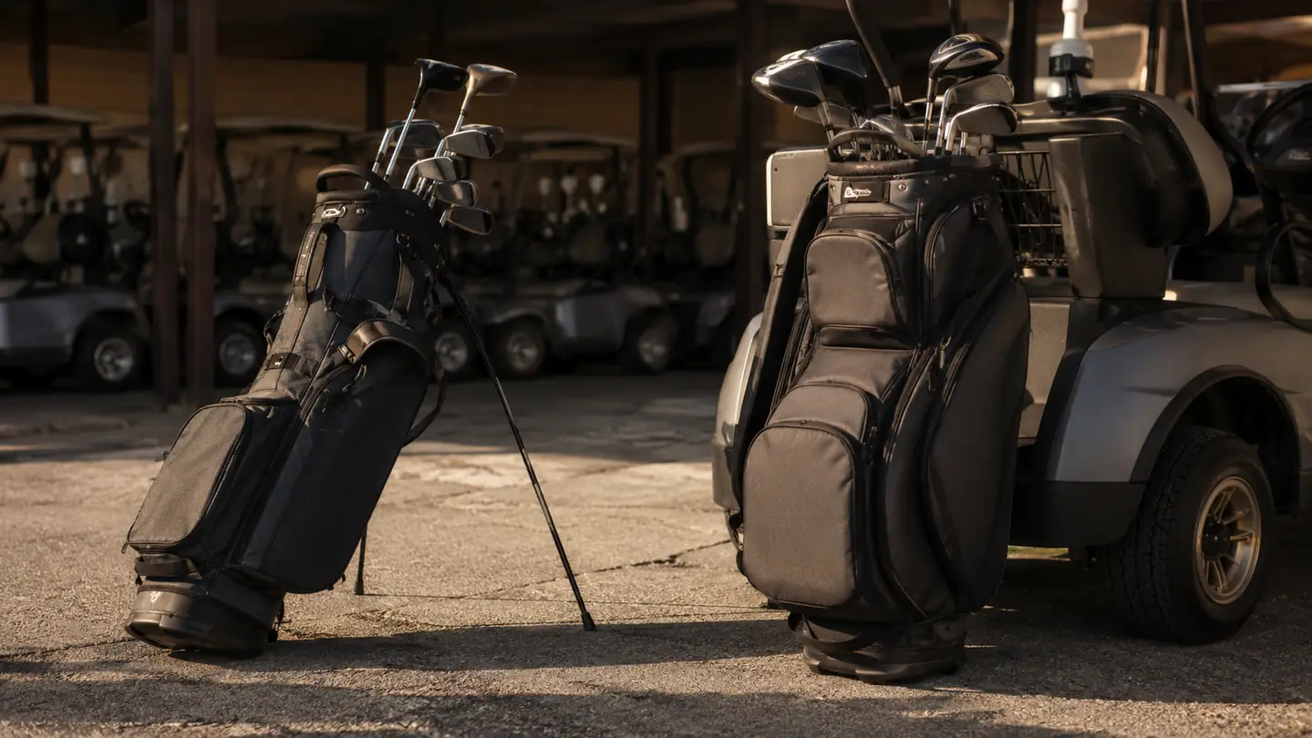 A slim stand bag standing on its legs beside a bulky full-size cart bag in a cart barn in late afternoon light